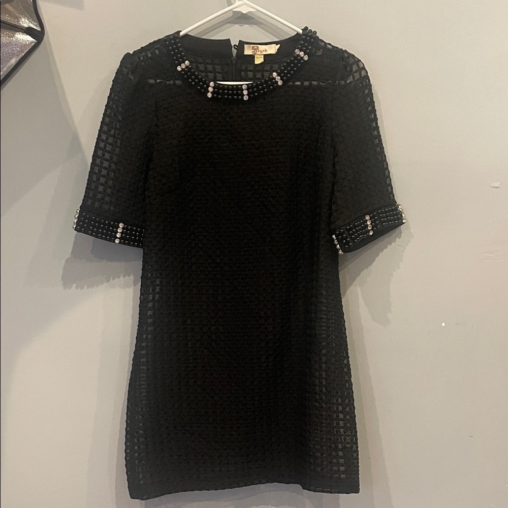 Black Textured Dress with Beaded and rhinestone Trim